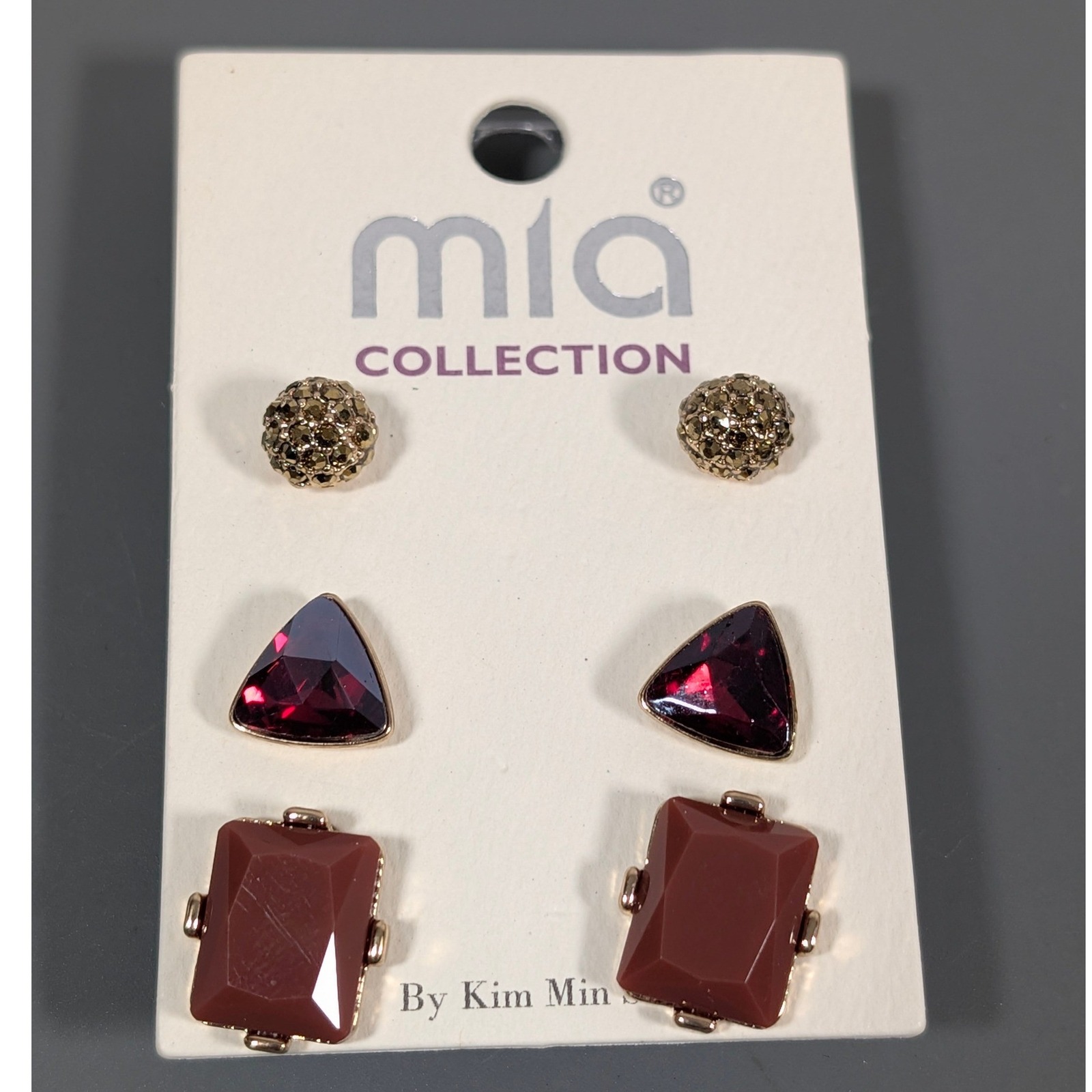 Mia Collection 3 Pair Red Gold Tone Stud Earrings Set Triangle Rhinestone